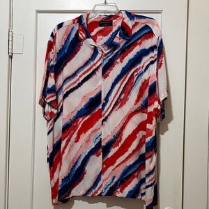 No Boundaries Red, Blue & White Wave-Print Short-Sleeve Button-Up Women’s Blouse